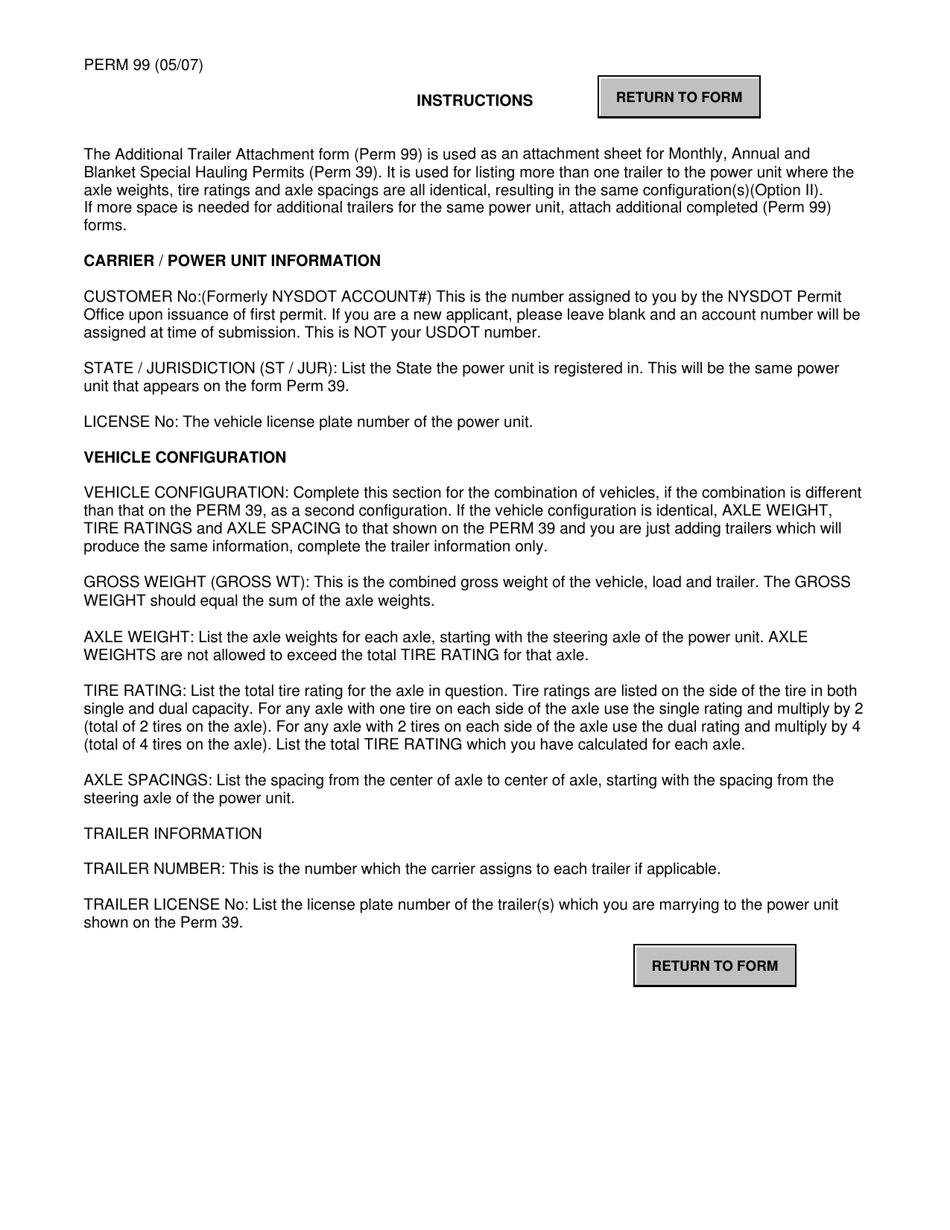 Form PERM99 Additional Trailer Attachment Form for a Special Hauling Permit - New York, Page 2