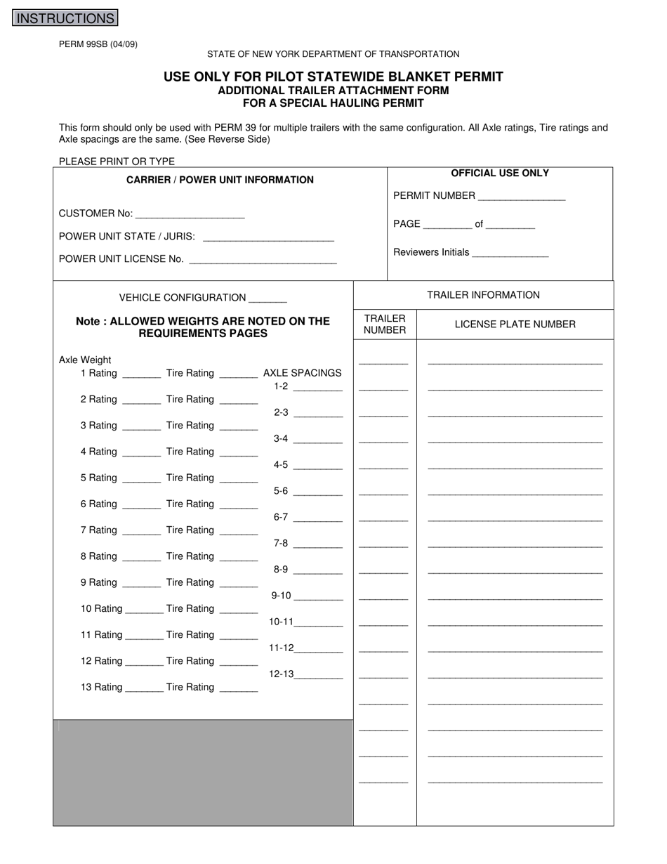 Form PERM99SB Additional Trailer Attachment Form for a Special Hauling Permit - New York, Page 1