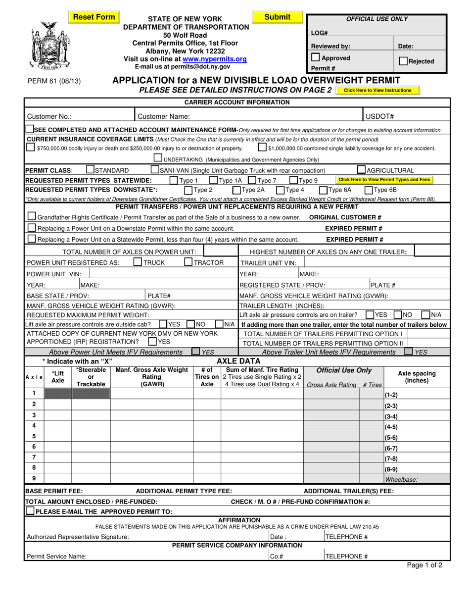 Form PERM61 Application for a New Divisible Load Overweight Permit - New York, Page 1