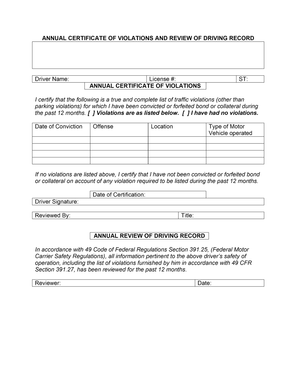 Annual Certificate of Violations and Review of Driving Record - New York, Page 1