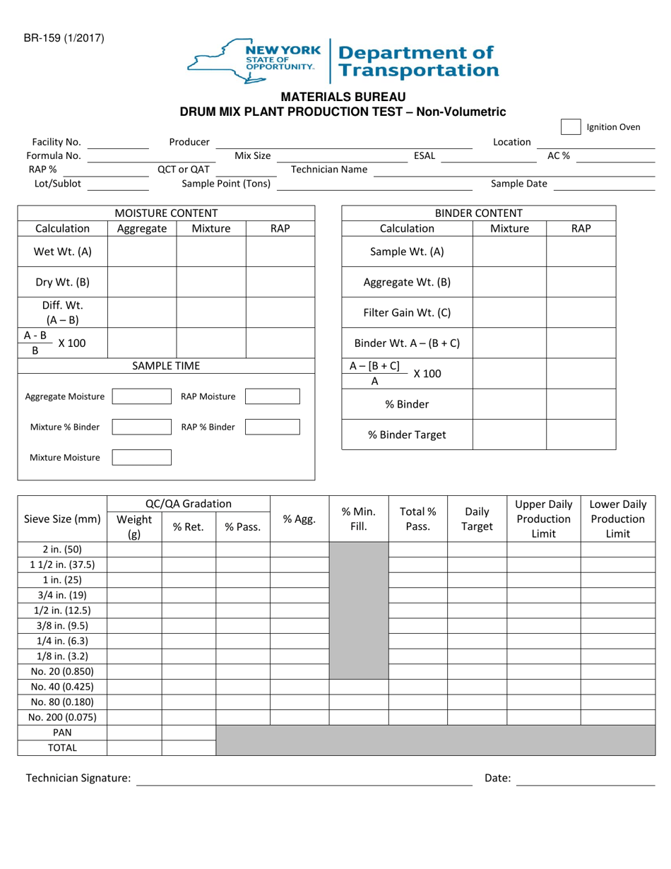 Form BR-159 Drum Mix Plant Production Test - Non-volumetric - New York, Page 1
