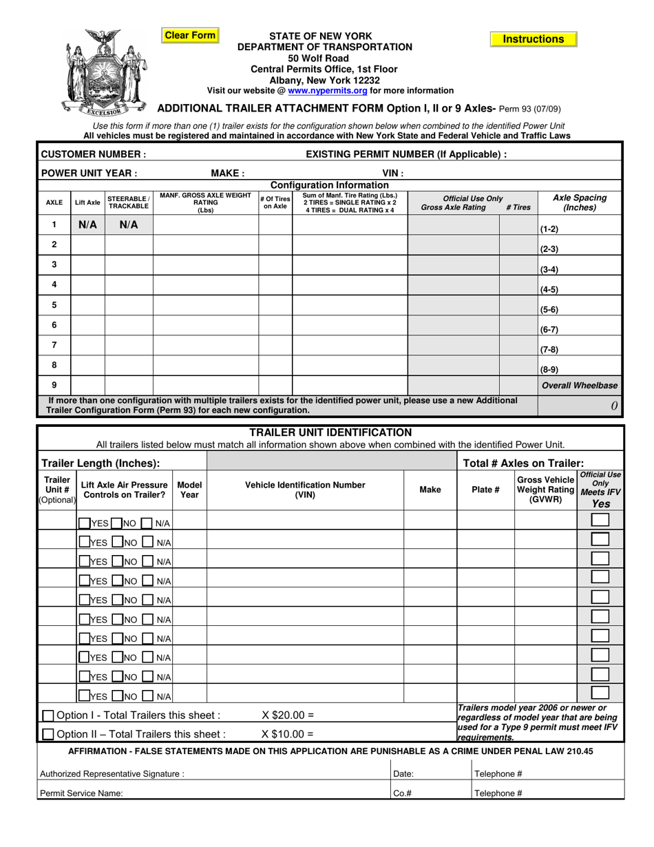Form PERM93 Additional Trailer Attachment Form Option I, II or 9 Axles - New York, Page 1