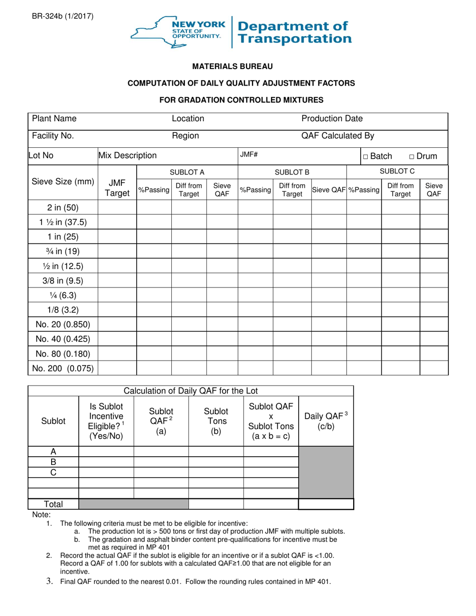 Form BR-324B Computation of Daily Quality Adjustment Factors for Gradation Controlled Mixtures - New York, Page 1