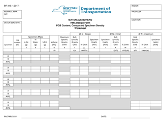 Document preview: Form BR319 Hma Design Form Pgb Content, Compacted Specimen Density Worksheet - New York