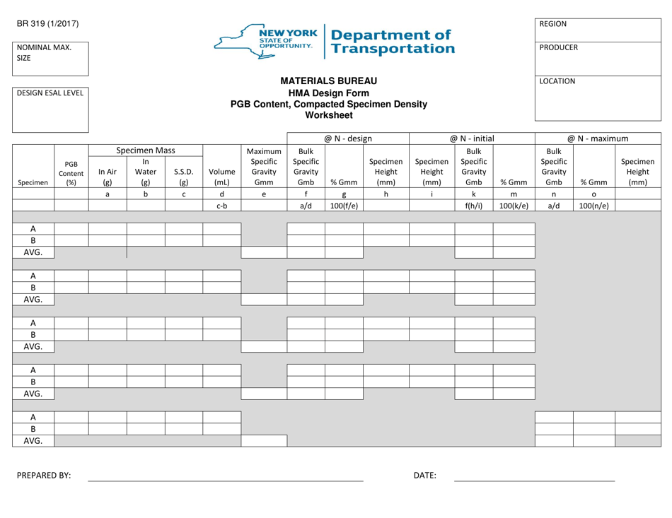 Form BR319 Hma Design Form Pgb Content, Compacted Specimen Density Worksheet - New York, Page 1