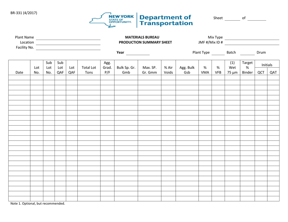 Form Br-331 Download Printable Pdf Or Fill Online Hma Production 