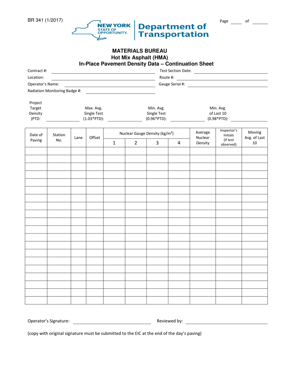 Form BR341 Hma in-Place Nuclear Gage Pavement Density Data (Continuation) - New York, Page 1