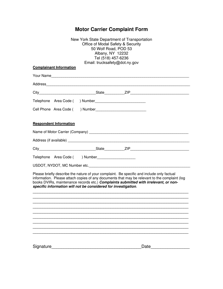 Motor Carrier Complaint Form - New York, Page 1