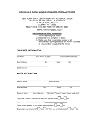 Document preview: Household Goods Mover Consumer Complaint Form - New York