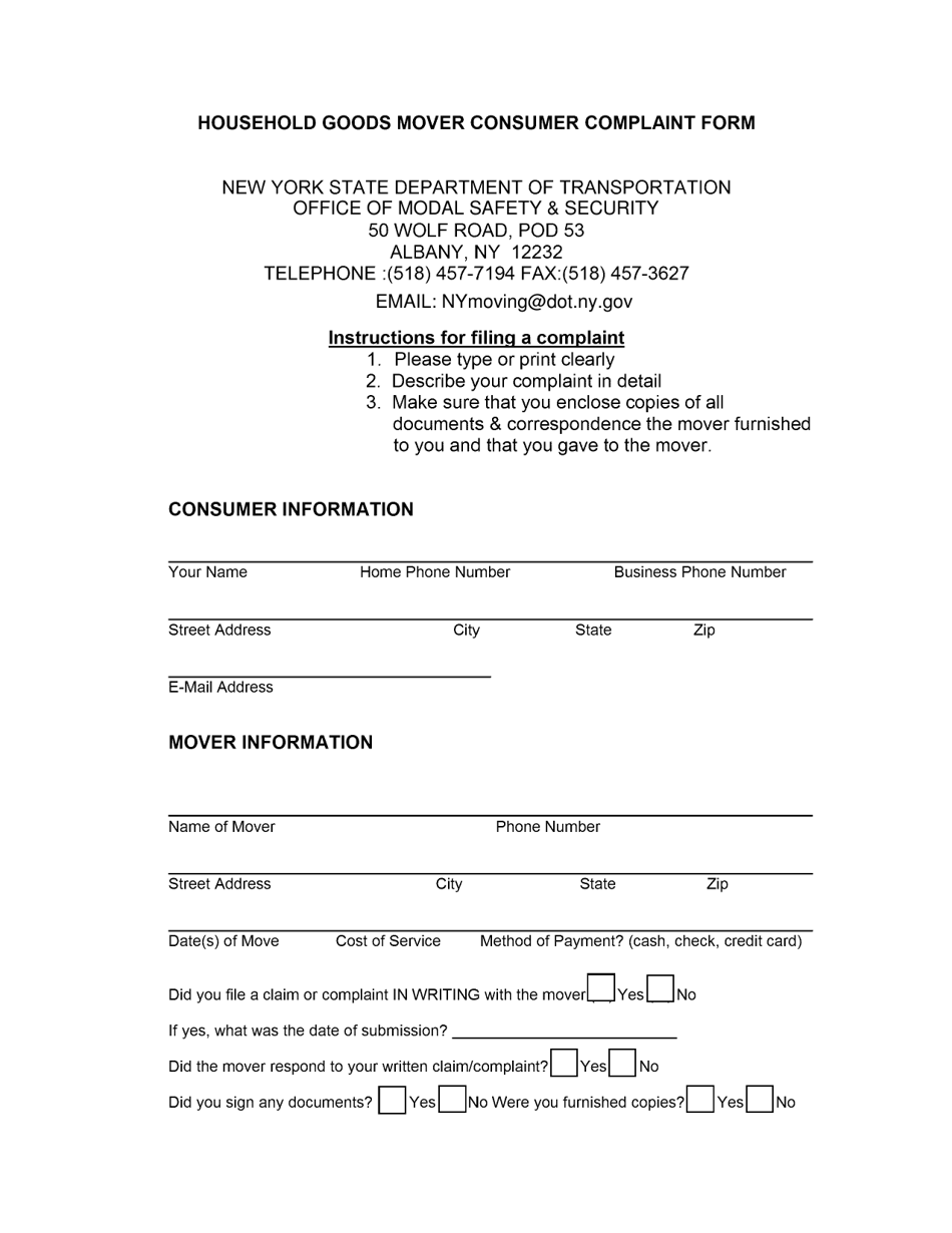 Household Goods Mover Consumer Complaint Form - New York, Page 1