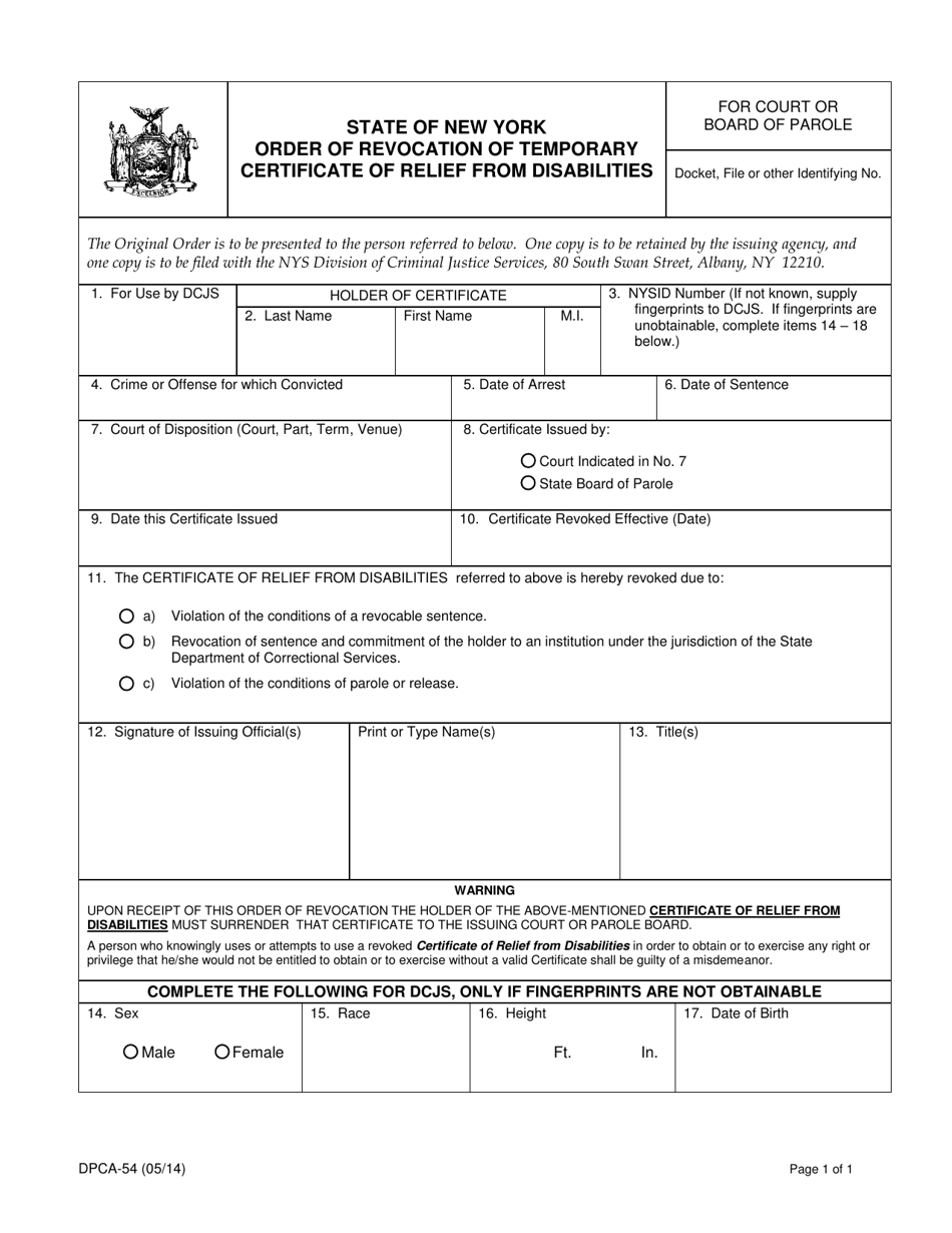 Form DPCA-54 Order of Revocation of Temporary Certificate of Relief From Disabilities - New York, Page 1
