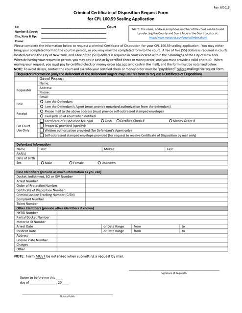 Criminal Certificate of Disposition Request Form for Cpl 160.59 Sealing Application - New York Download Pdf