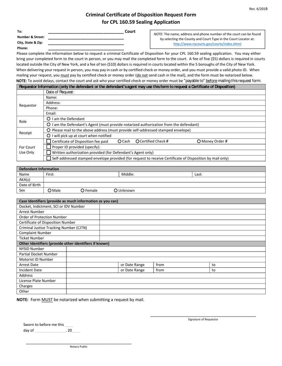 Criminal Certificate of Disposition Request Form for Cpl 160.59 Sealing Application - New York, Page 1