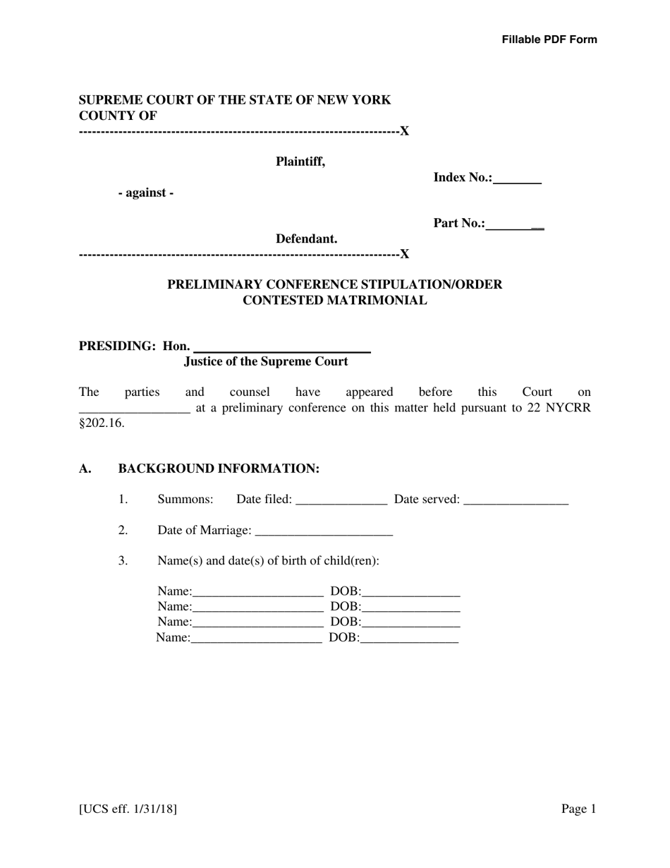 Preliminary Conference Stipulation / Order Contested Matrimonial - New York, Page 1