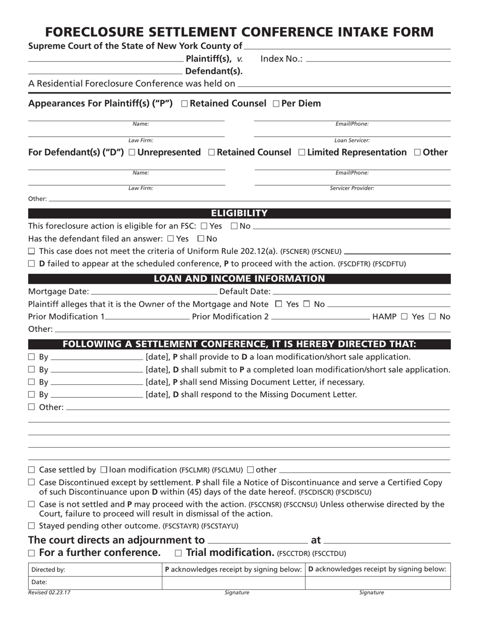 Foreclosure Settlement Conference Intake Form - New York, Page 1