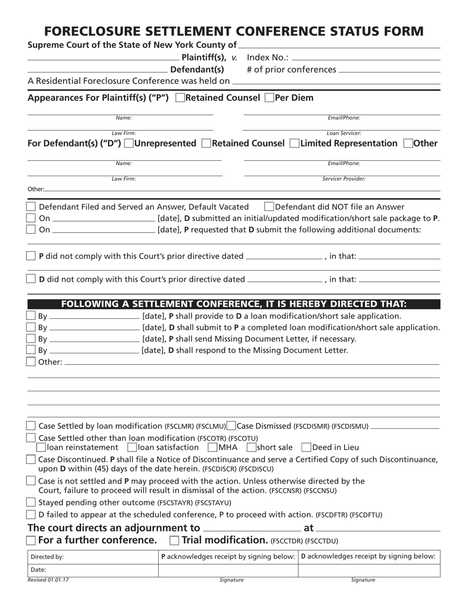 Foreclosure Settlement Conference Status Form - New York, Page 1