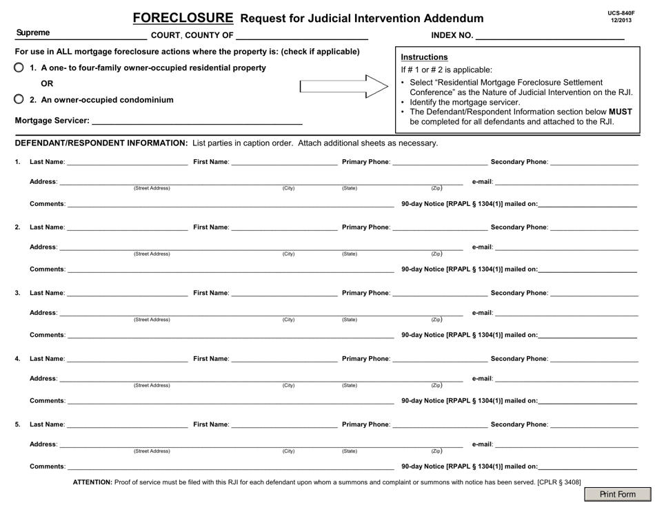 Form UCS-840F Foreclosure Request for Judicial Intervention Addendum - New York, Page 1