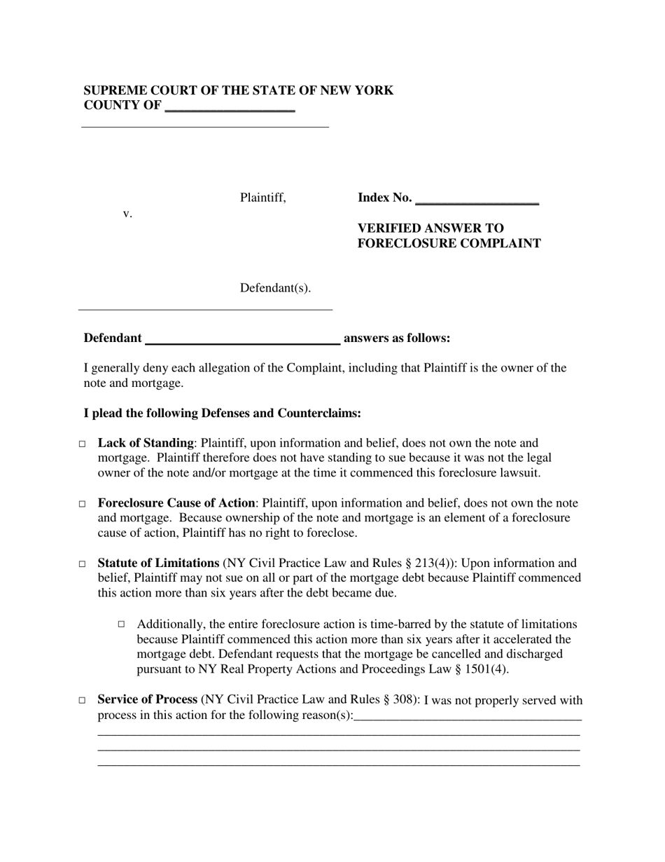 Verified Answer to Foreclosure Complaint - New York, Page 1