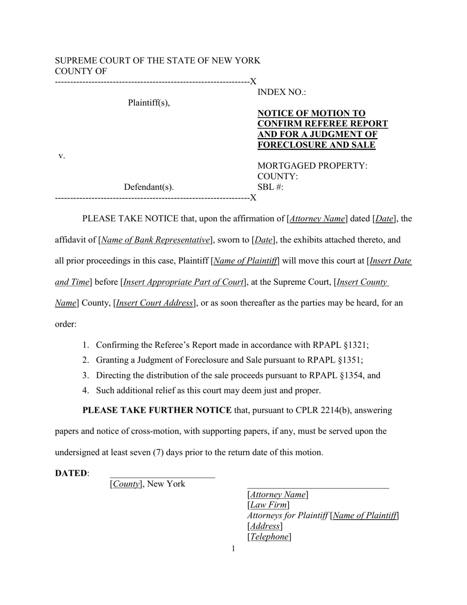 Notice of Motion to Confirm Reference Report and for a Judgment of Foreclosure and Sale - New York, Page 1
