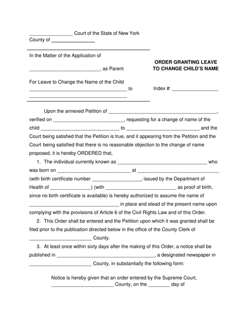 Order Granting Leave to Change Child's Name - New York Download Pdf