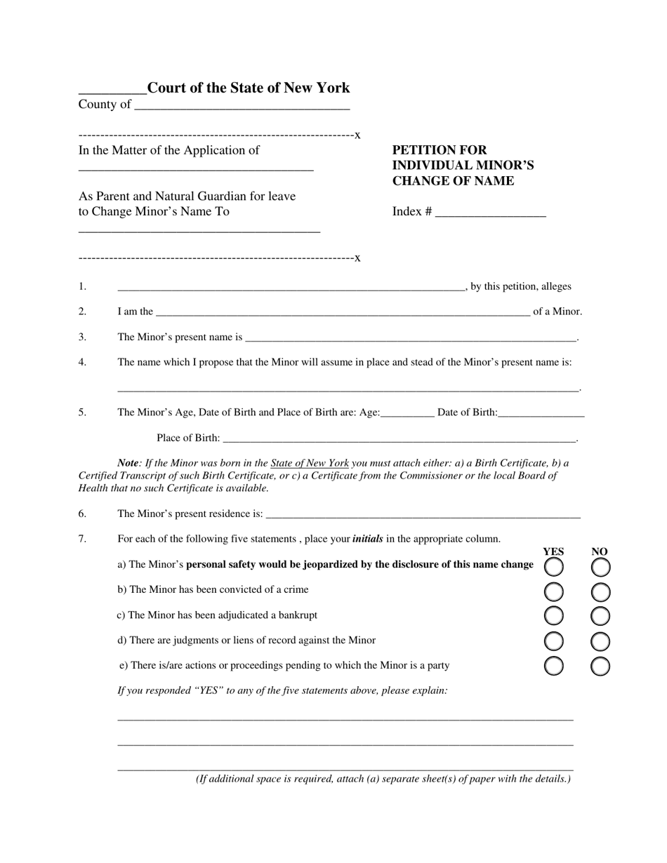 Petition for Individual Minors Change of Name - New York, Page 1