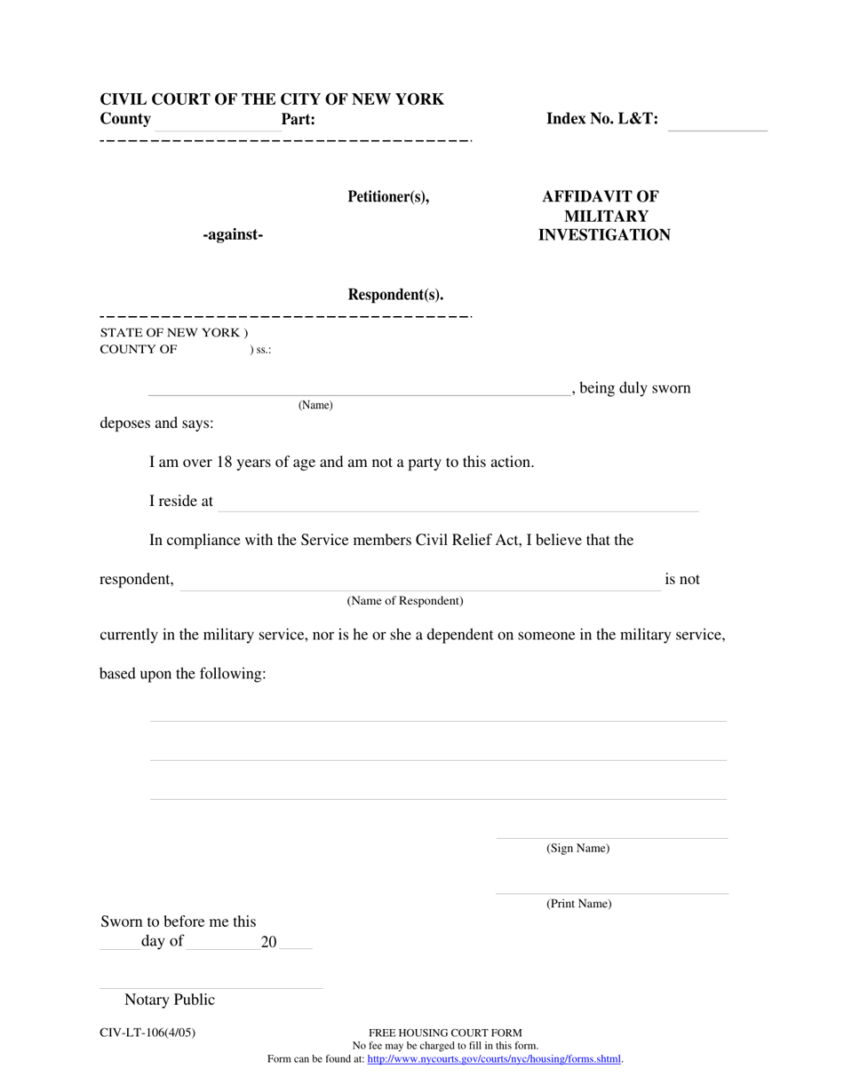 Form CIV-LT-106 Affidavit of Military Investigation - New York City, Page 1