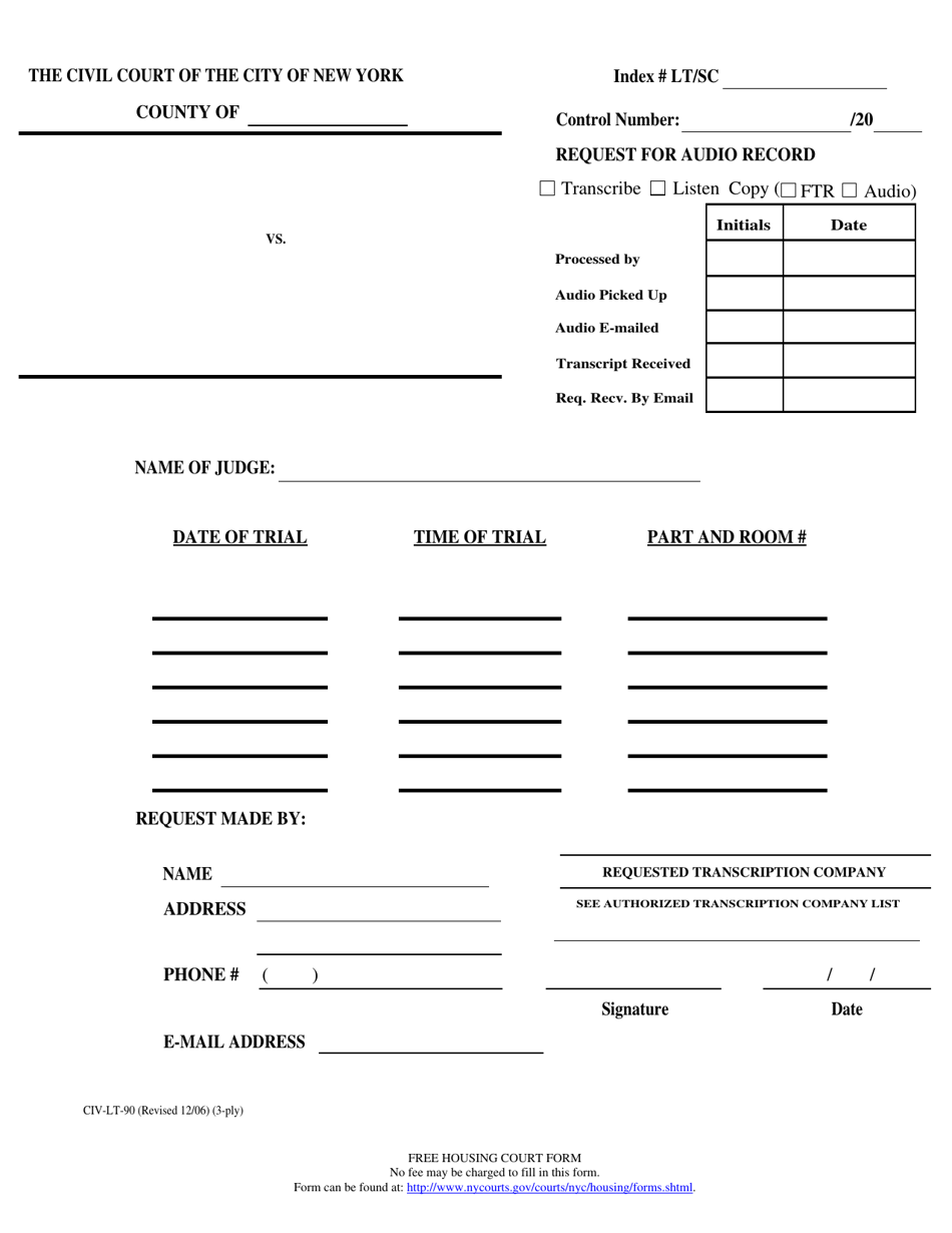 Form CIV-LT-90 Request for Audio Record - New York City, Page 1
