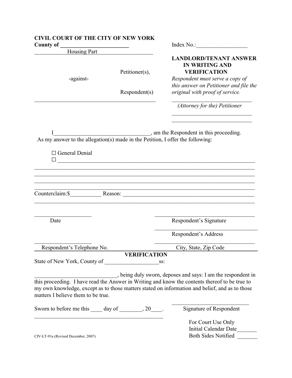 Form CIV-LT-91A Landlord / Tenant Answer in Writing and Verification - New York City, Page 1