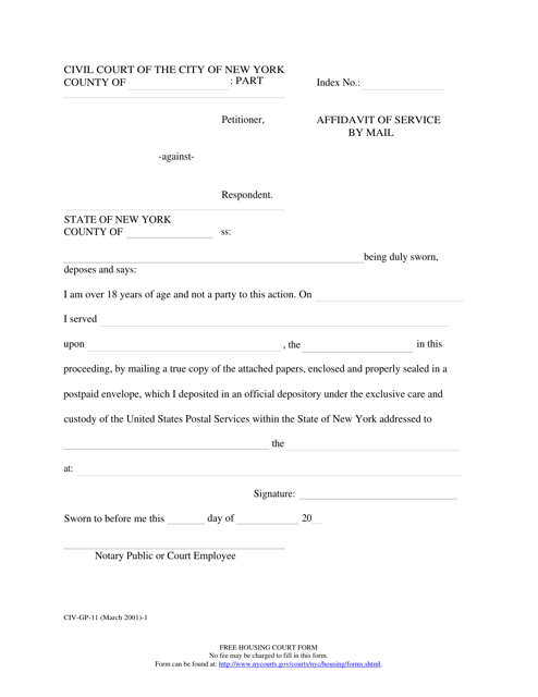 Form CIV-GP-11 Affidavit of Service by Mail - New York City