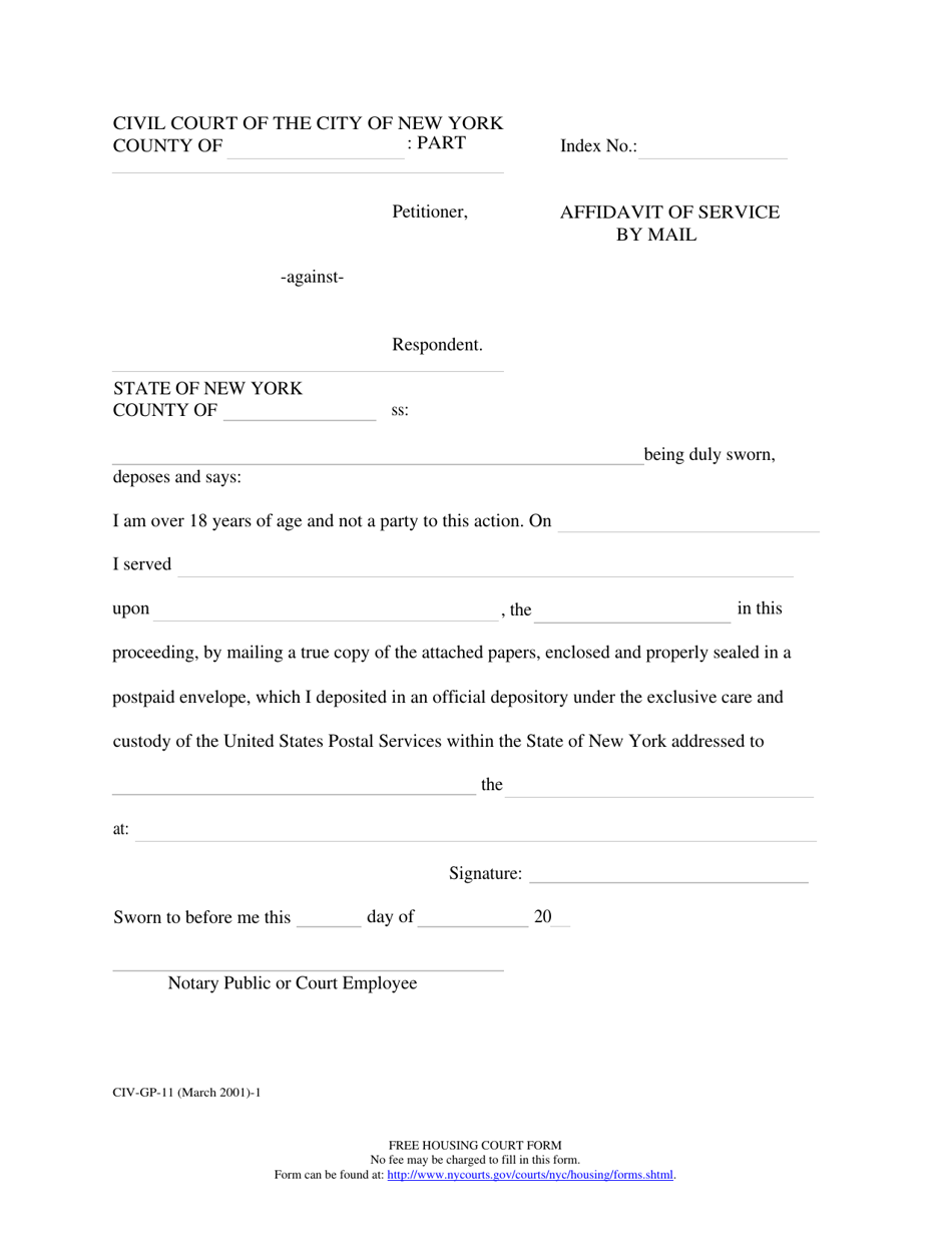 Form CIV-GP-11 Affidavit of Service by Mail - New York City, Page 1
