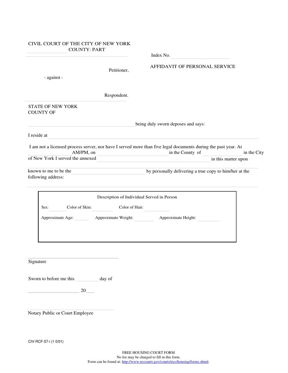 Form CIV-RCF-57 Affidavit of Personal Service - New York City, Page 1