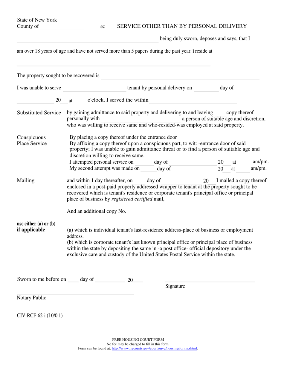 Form CIV-RCF-62 Service Other Than by Personal Delivery - New York City, Page 1
