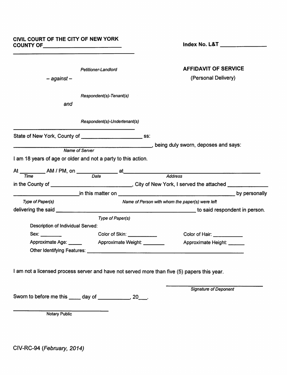 Form CIV-RC-94 Affidavit of Service (Personal Delivery) - New York City, Page 1