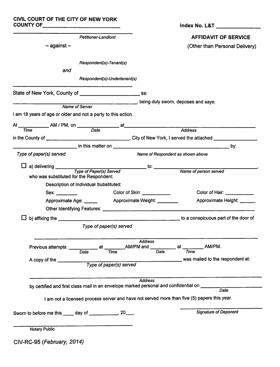 Form CIV-RC-95 Affidavit of Service (Other Than Personal Delivery) - New York City, Page 1