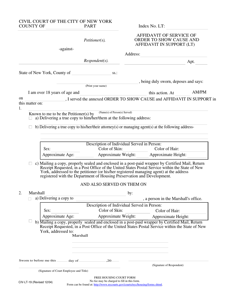 Form CIV-LT-19 Affidavit of Service of Order to Show Cause and Affidavit in Support (LT) - New York City, Page 1