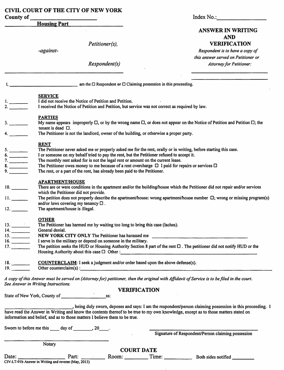 Form CIV-LT-91B Answer in Writing and Verification - New York City, Page 1