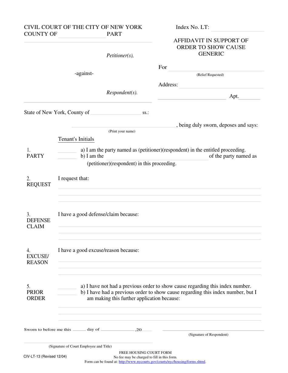 Form CIV-LT-13 Affidavit in Support of Order to Show Cause (Generic) - New York City, Page 1