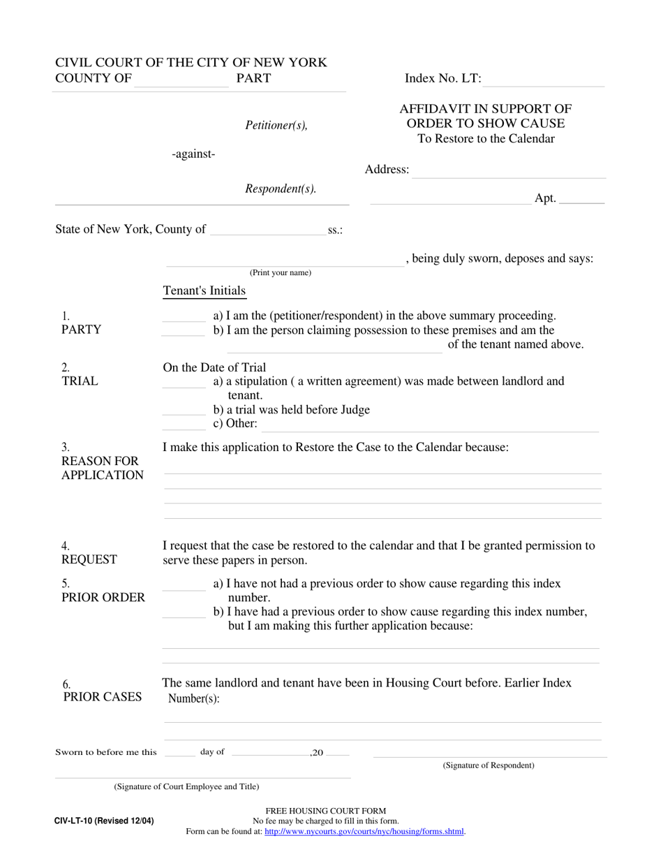 Form CIV-LT-10 Affidavit in Support of Order to Show Cause (To Restore to the Calendar) - New York City, Page 1