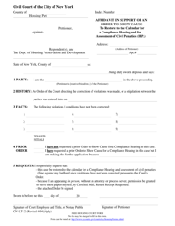 Form CIV-LT-22 &quot;Affidavit in Support of an Order to Show Cause to Restore to the Calendar for a Compliance Hearing and for Assessment of Civil Penalties (H.p.)&quot; - New York City