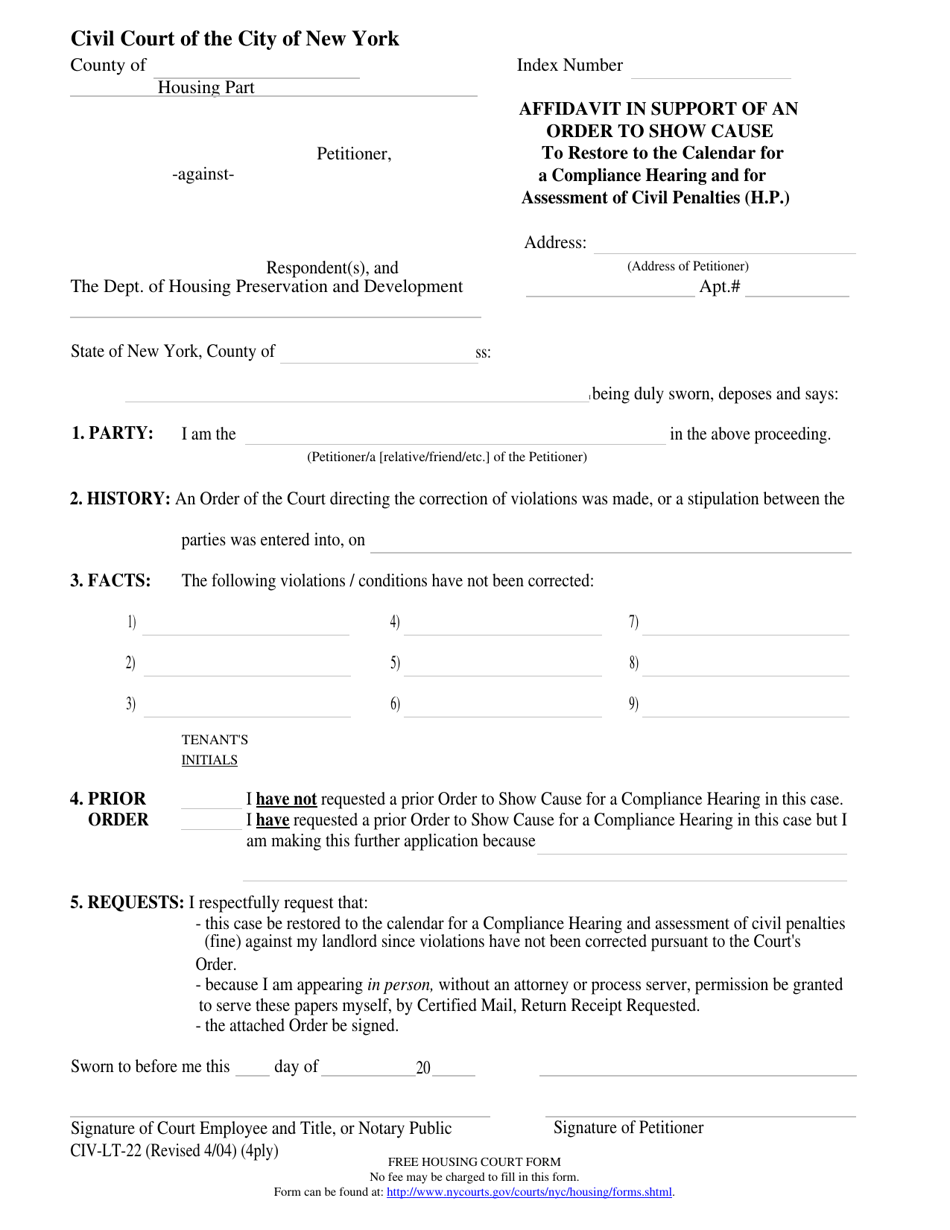 Form CIV-LT-22 Affidavit in Support of an Order to Show Cause to Restore to the Calendar for a Compliance Hearing and for Assessment of Civil Penalties (H.p.) - New York City, Page 1