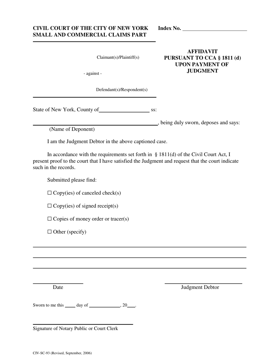 Form CIV-SC-93 Affidavit Pursuant to Cca Section 1811(D) Upon Payment of Judgment - New York City, Page 1
