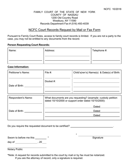 Ncfc Court Records Request by Mail or Fax Form - Nassau County, New York Download Pdf