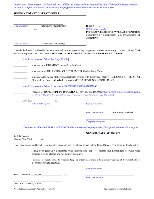 Pro-Se Application for Warrant of Eviction, Judgment of Possession, and Transcript of Judgment - Suffolk County, New York Download Pdf