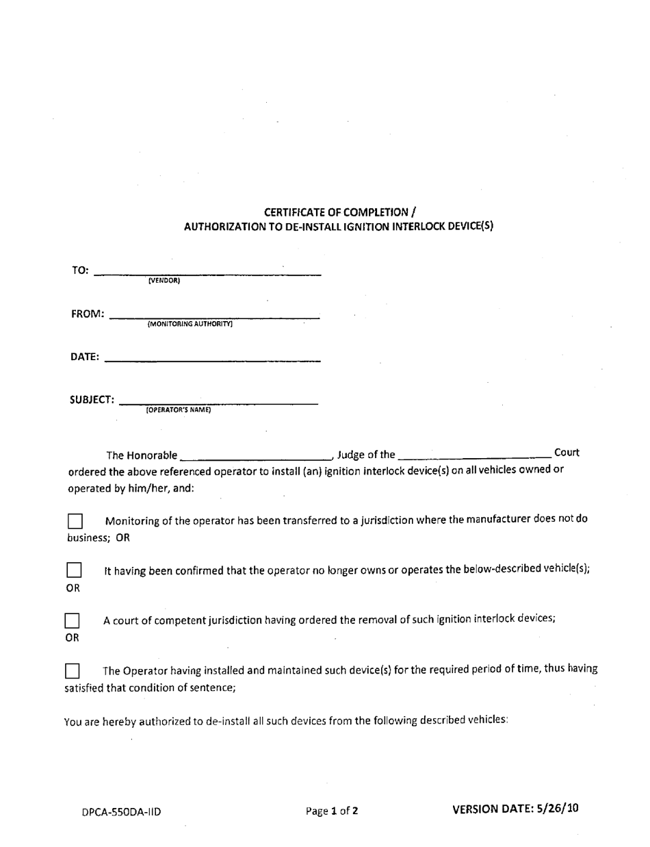 Form DPCA-550DA-IID Certificate of Completion / Authorization to De-install Ignition Interlock Device(S) - New York, Page 1