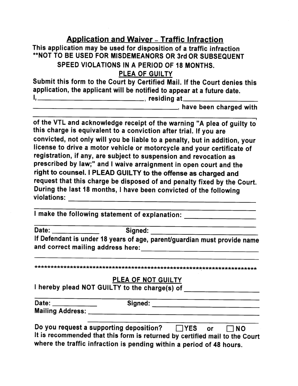 Application and Waiver - Traffic Infraction - New York, Page 1