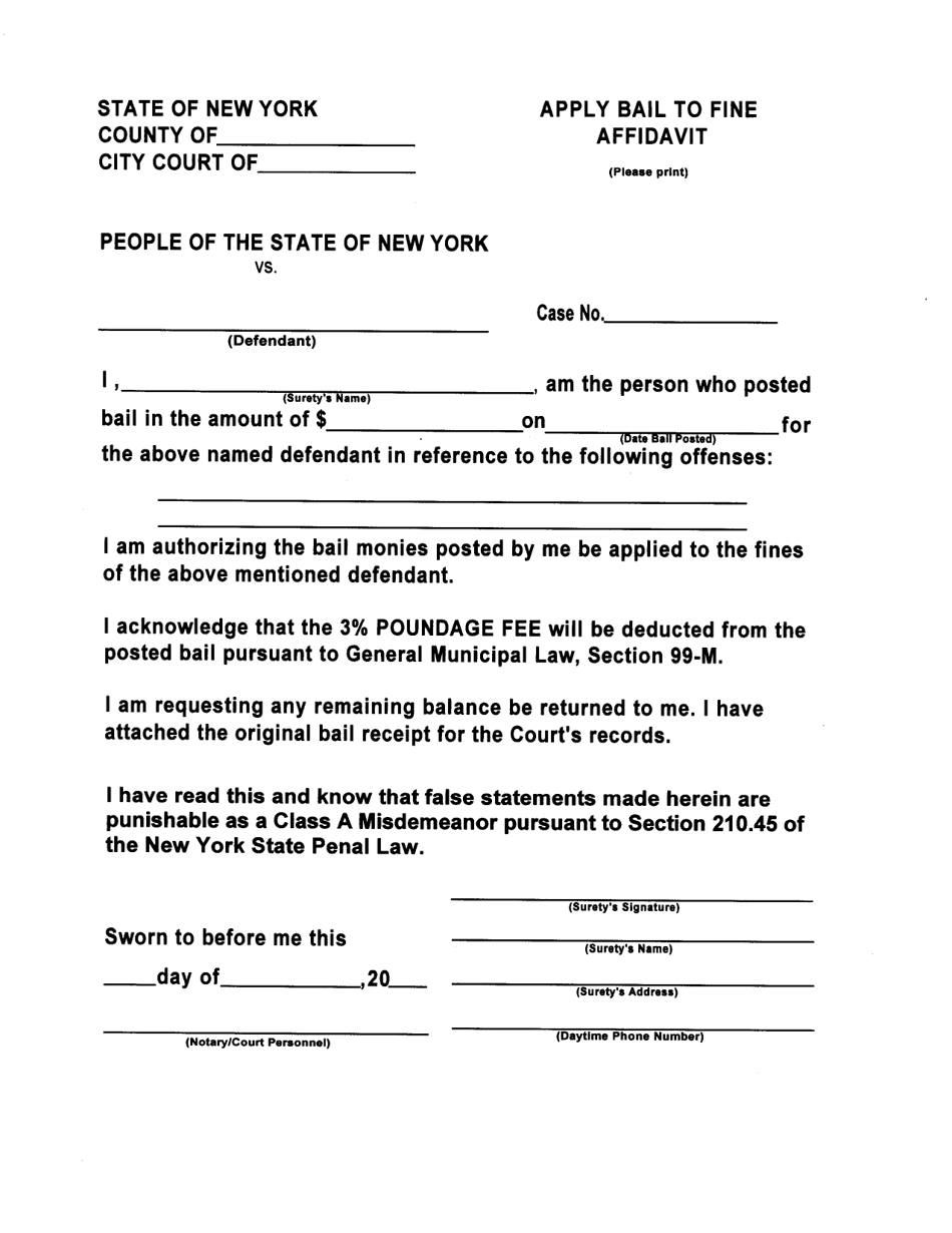 Apply Bail to Fine Affidavit - New York, Page 1