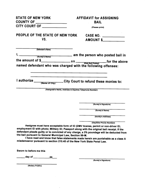 Affidavit for Assigning Bail - New York