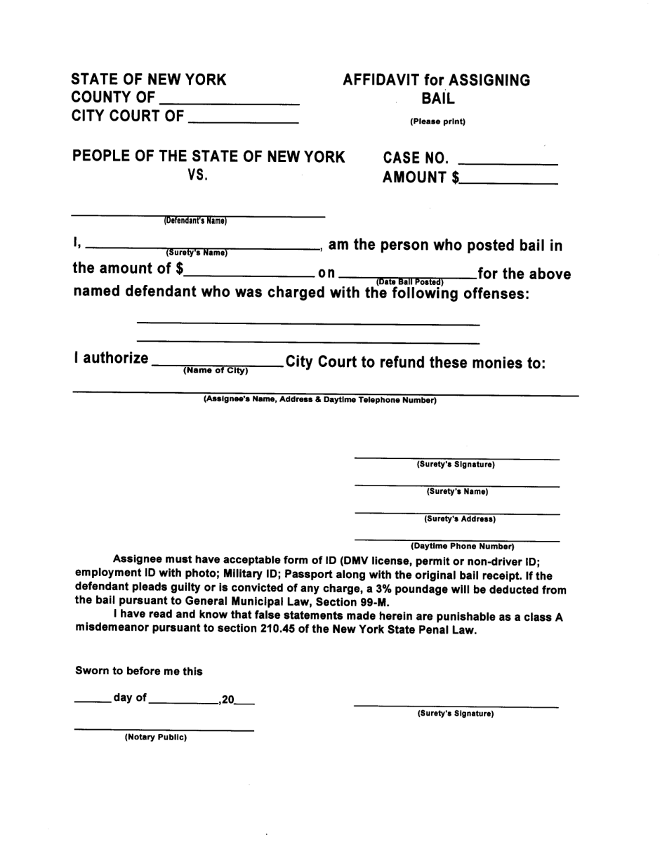 Affidavit for Assigning Bail - New York, Page 1