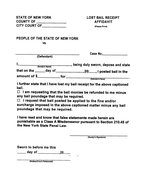 Lost Bail Receipt Affidavit - New York