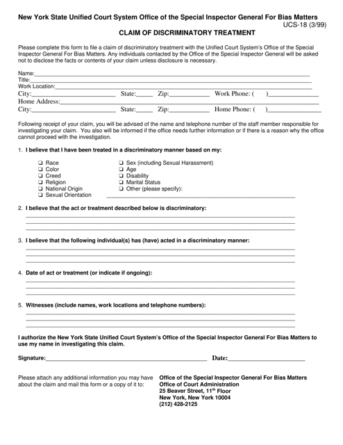 Form UCS-18 Claim of Discriminatory Treatment - New York